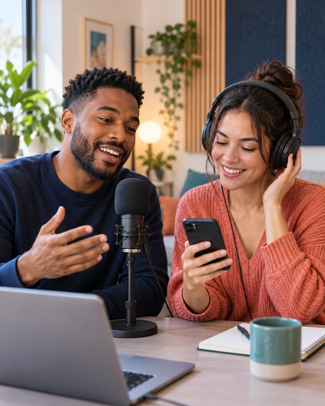 Two people recording a paid voice opportunity together
